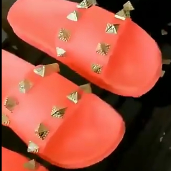 Neon Orange Studded Slides - Picture 4 of 7